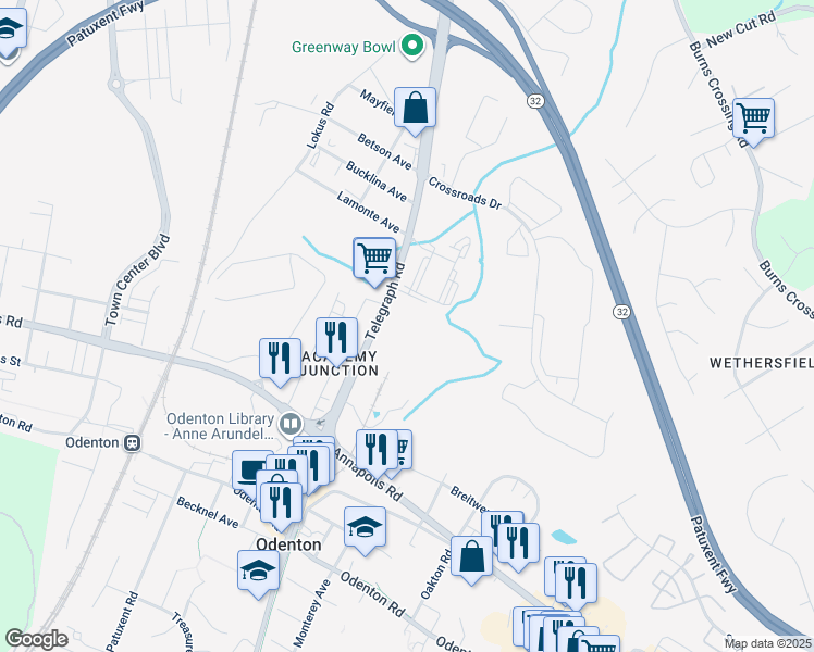 map of restaurants, bars, coffee shops, grocery stores, and more near 8313 Telegraph Road in Odenton