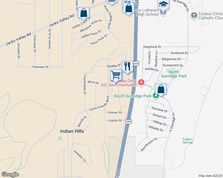 map of restaurants, bars, coffee shops, grocery stores, and more near 3476 Indian Drive in Carson City