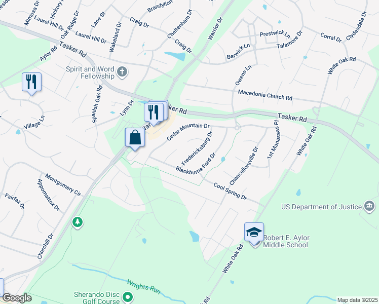 map of restaurants, bars, coffee shops, grocery stores, and more near 122 Fredericksburg Drive in Stephens City
