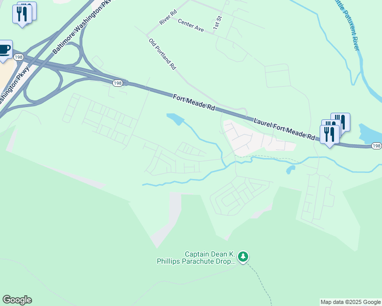 map of restaurants, bars, coffee shops, grocery stores, and more near 200 Tiller Lane in Laurel