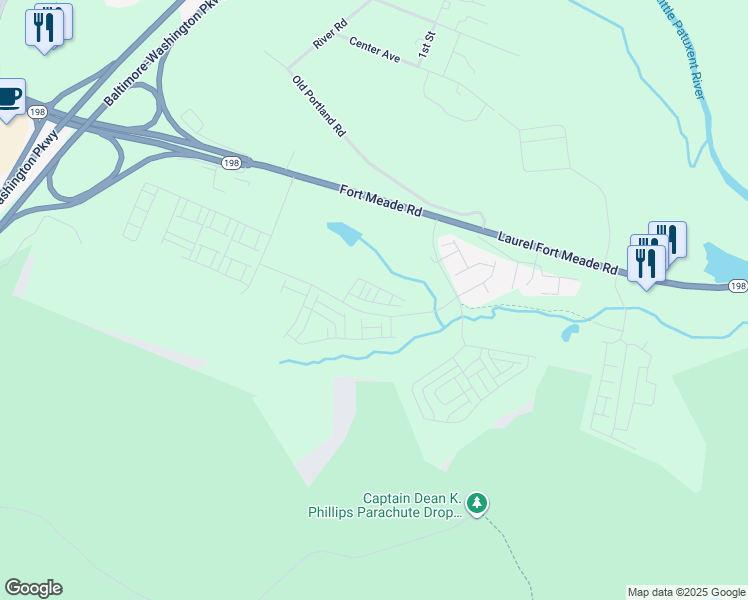 map of restaurants, bars, coffee shops, grocery stores, and more near 200 Tiller Lane in Laurel