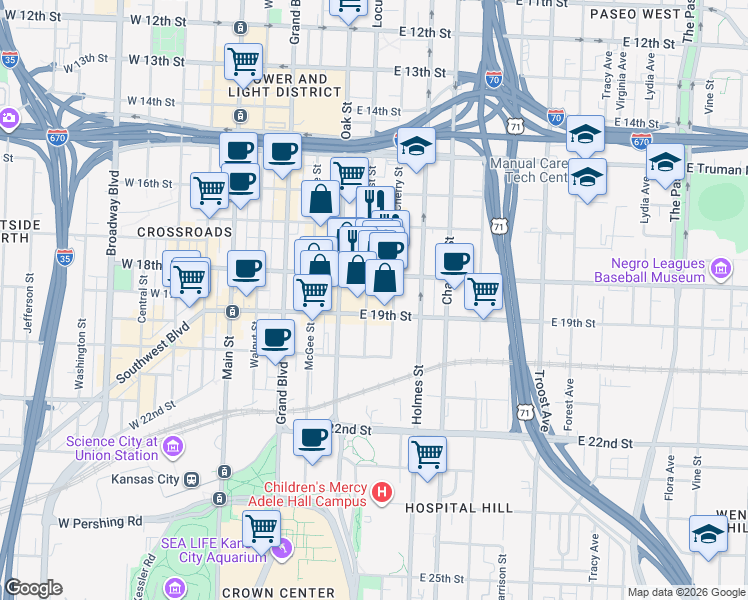 map of restaurants, bars, coffee shops, grocery stores, and more near 419 East 18th Street in Kansas City
