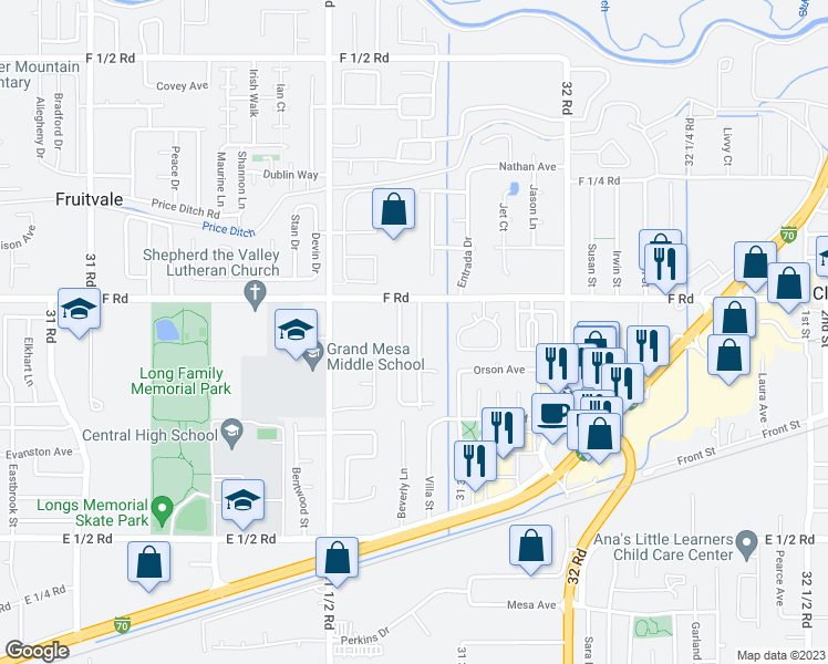 map of restaurants, bars, coffee shops, grocery stores, and more near 595 Ford Street in Grand Junction