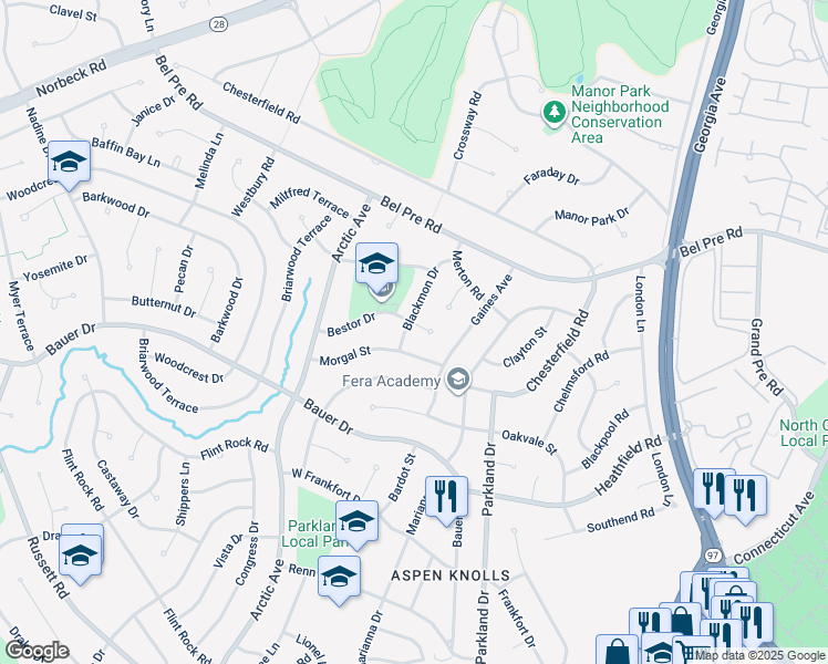 map of restaurants, bars, coffee shops, grocery stores, and more near 14305 Blackmon Drive in Rockville