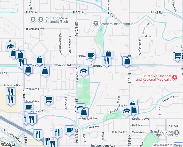 map of restaurants, bars, coffee shops, grocery stores, and more near 2651 Cider Mill Road in Grand Junction