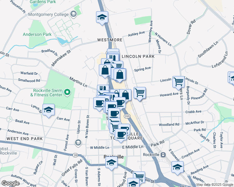 map of restaurants, bars, coffee shops, grocery stores, and more near 501 Hungerford Drive in Rockville