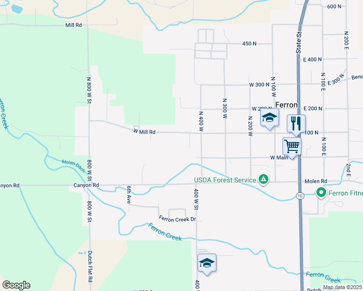 map of restaurants, bars, coffee shops, grocery stores, and more near 400-530 West Mill Road in Ferron