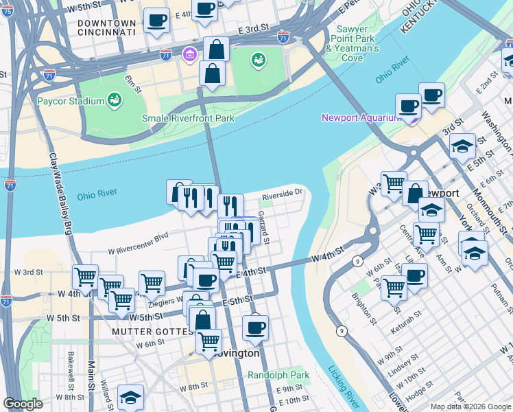 map of restaurants, bars, coffee shops, grocery stores, and more near 101-149 Garrard Street in Covington