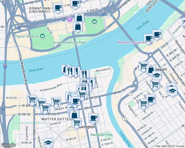 map of restaurants, bars, coffee shops, grocery stores, and more near 101-149 Garrard Street in Covington