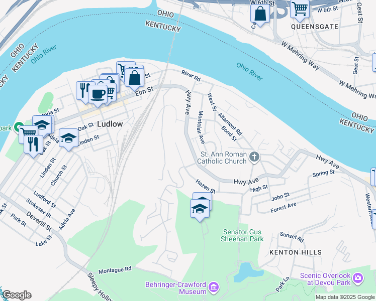 map of restaurants, bars, coffee shops, grocery stores, and more near 332 Hazen Street in Ludlow