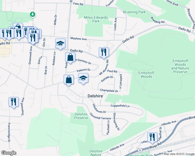 map of restaurants, bars, coffee shops, grocery stores, and more near 4349 Valence Drive in Cincinnati