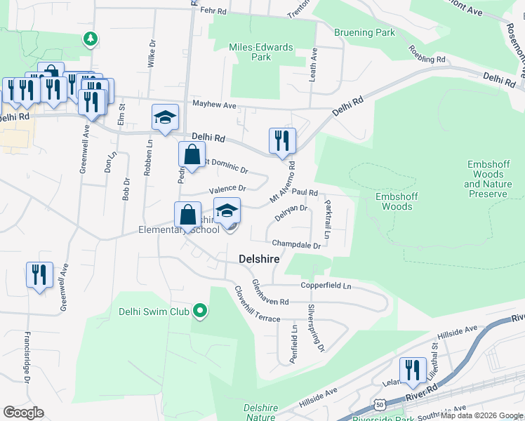 map of restaurants, bars, coffee shops, grocery stores, and more near 4349 Valence Drive in Cincinnati