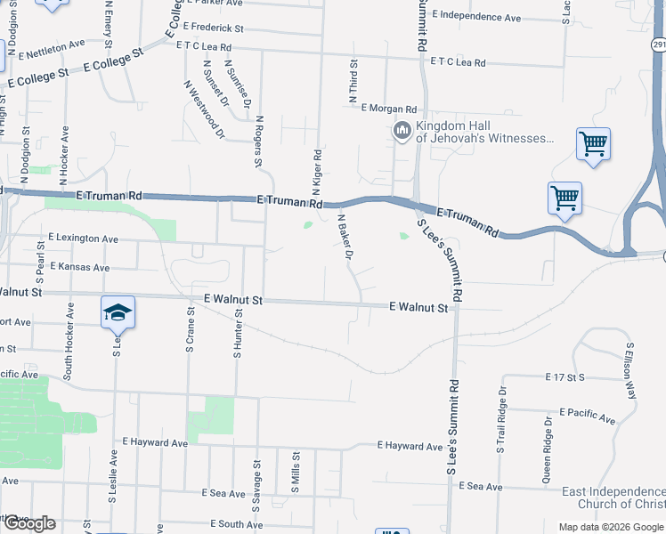 map of restaurants, bars, coffee shops, grocery stores, and more near 1338 Baker Drive in Independence