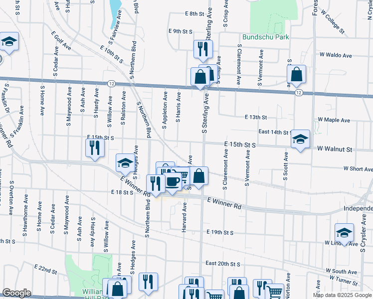 map of restaurants, bars, coffee shops, grocery stores, and more near 11012 East 15th Street South in Independence