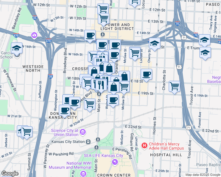 map of restaurants, bars, coffee shops, grocery stores, and more near 1827 Walnut Street in Kansas City