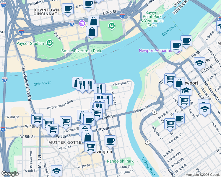map of restaurants, bars, coffee shops, grocery stores, and more near 101-149 Garrard Street in Covington