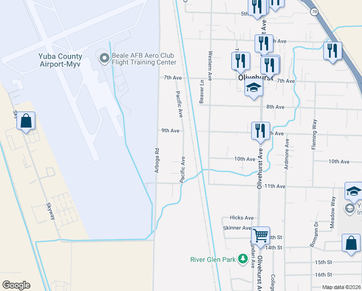 map of restaurants, bars, coffee shops, grocery stores, and more near 4750 11th Avenue in Olivehurst