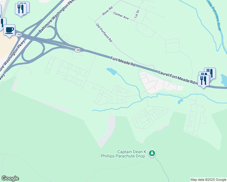 map of restaurants, bars, coffee shops, grocery stores, and more near 3101 Runnel Lane in Laurel