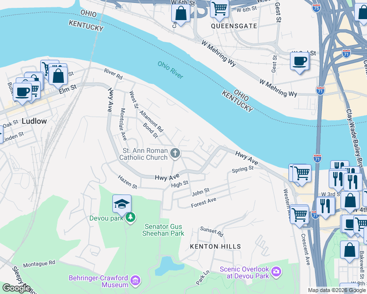 map of restaurants, bars, coffee shops, grocery stores, and more near 1246 Hillcrest Court in Covington