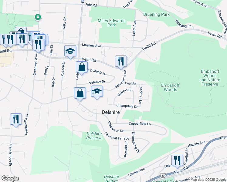 map of restaurants, bars, coffee shops, grocery stores, and more near 4349 Valence Drive in Cincinnati
