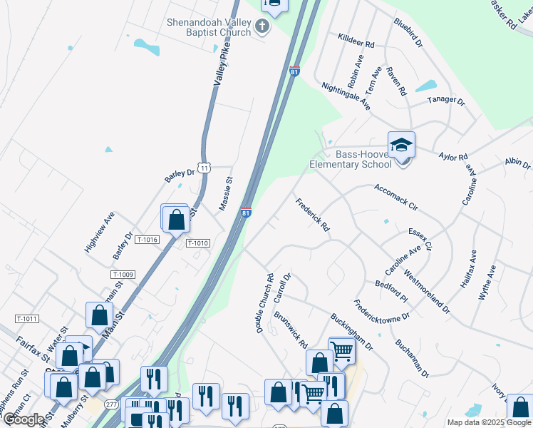 map of restaurants, bars, coffee shops, grocery stores, and more near 766 Aylor Road in Stephens City