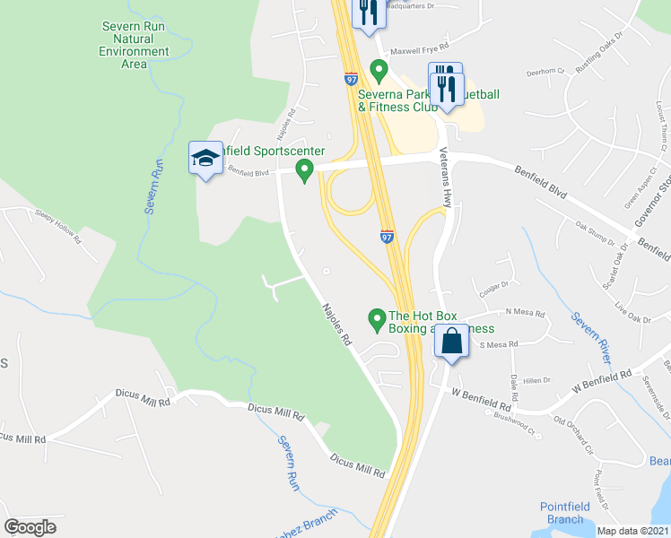 map of restaurants, bars, coffee shops, grocery stores, and more near 259 Najoles Road in Millersville