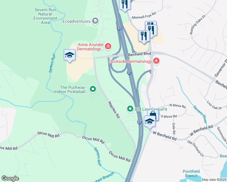 map of restaurants, bars, coffee shops, grocery stores, and more near 259 Najoles Road in Millersville
