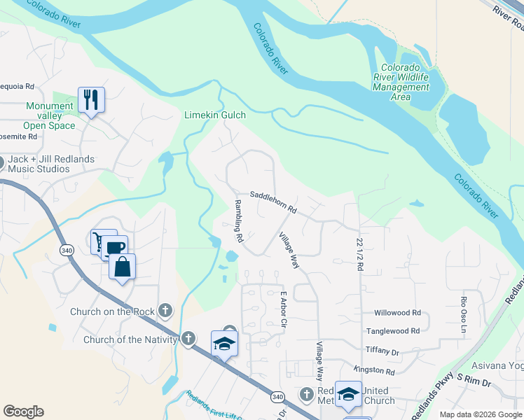 map of restaurants, bars, coffee shops, grocery stores, and more near 594 Briarwood Lane in Grand Junction