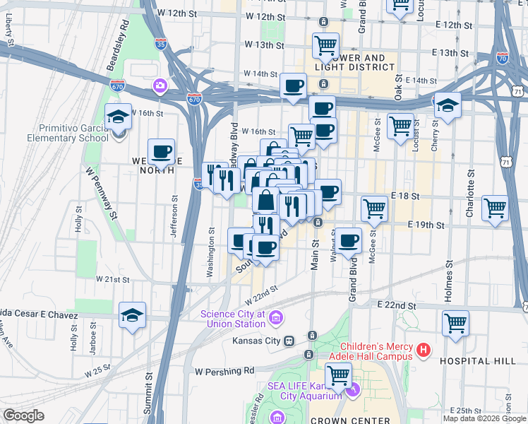 map of restaurants, bars, coffee shops, grocery stores, and more near 1809 Central Street in Kansas City
