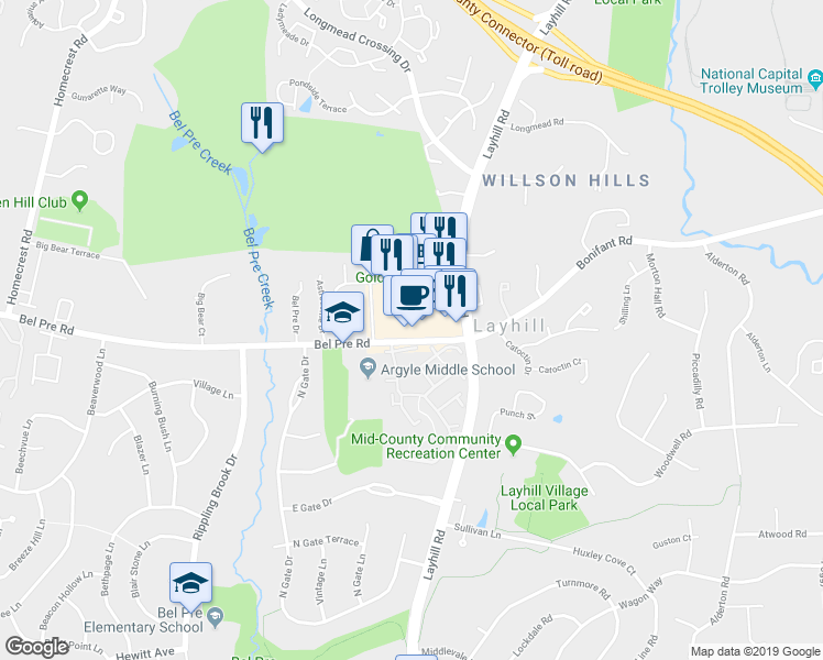 map of restaurants, bars, coffee shops, grocery stores, and more near 2207 Bel Pre Rd in Aspen Hill