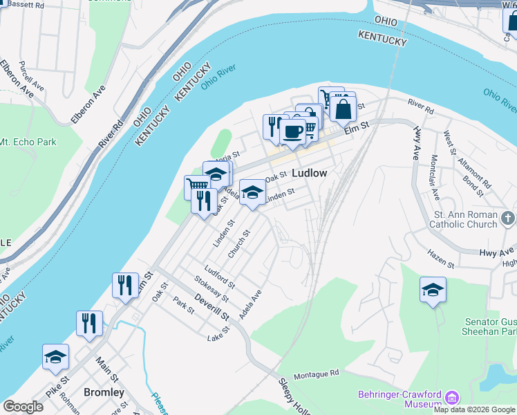 map of restaurants, bars, coffee shops, grocery stores, and more near 8 Cedar Alley in Ludlow