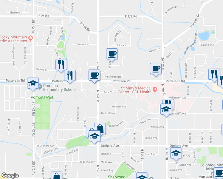 map of restaurants, bars, coffee shops, grocery stores, and more near 245 Park Drive in Grand Junction