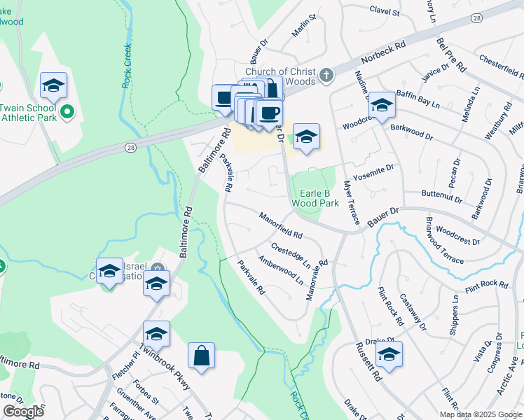 map of restaurants, bars, coffee shops, grocery stores, and more near 5409 Manorfield Road in Rockville