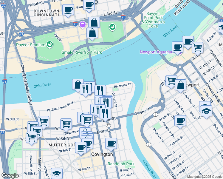 map of restaurants, bars, coffee shops, grocery stores, and more near 101-149 Garrard Street in Covington