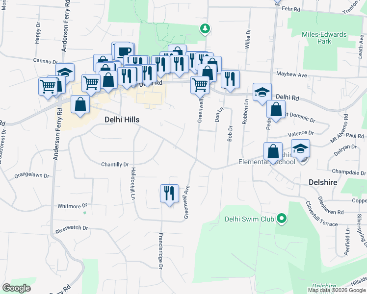 map of restaurants, bars, coffee shops, grocery stores, and more near 316 Glenroy Avenue in Cincinnati