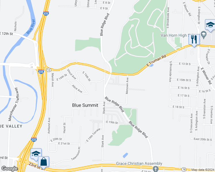 map of restaurants, bars, coffee shops, grocery stores, and more near 411 Stone Arch Drive in Independence