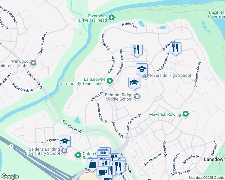 map of restaurants, bars, coffee shops, grocery stores, and more near 18981 Coreopsis Terrace in Leesburg