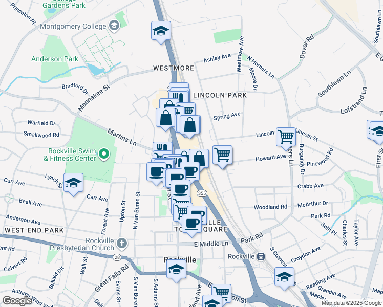 map of restaurants, bars, coffee shops, grocery stores, and more near 501 Hungerford Drive in Rockville