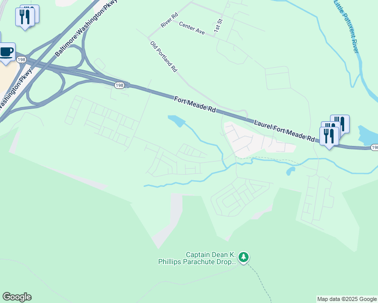 map of restaurants, bars, coffee shops, grocery stores, and more near 205 Tiller Lane in Laurel