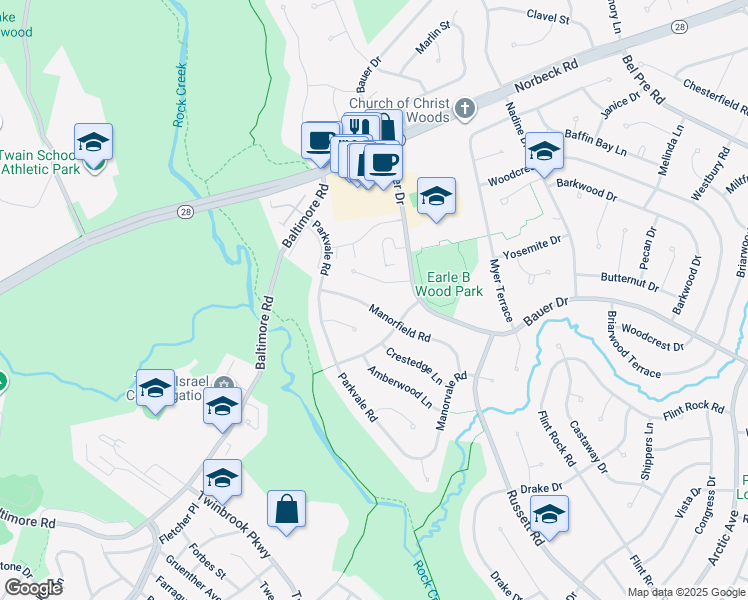 map of restaurants, bars, coffee shops, grocery stores, and more near 5409 Manorfield Road in Rockville