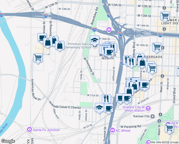 map of restaurants, bars, coffee shops, grocery stores, and more near West Pennway Terrace in Kansas City