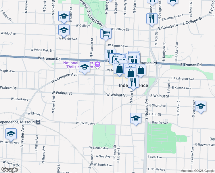 map of restaurants, bars, coffee shops, grocery stores, and more near in Independence