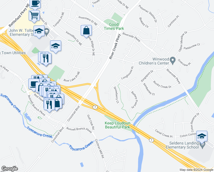 map of restaurants, bars, coffee shops, grocery stores, and more near 18957 Longhouse Place in Leesburg