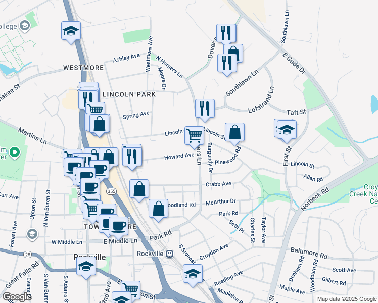 map of restaurants, bars, coffee shops, grocery stores, and more near 350 Howard Avenue in Rockville