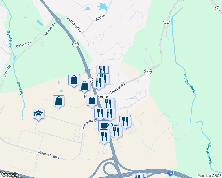map of restaurants, bars, coffee shops, grocery stores, and more near 1810 Jesse Lane in Hebron
