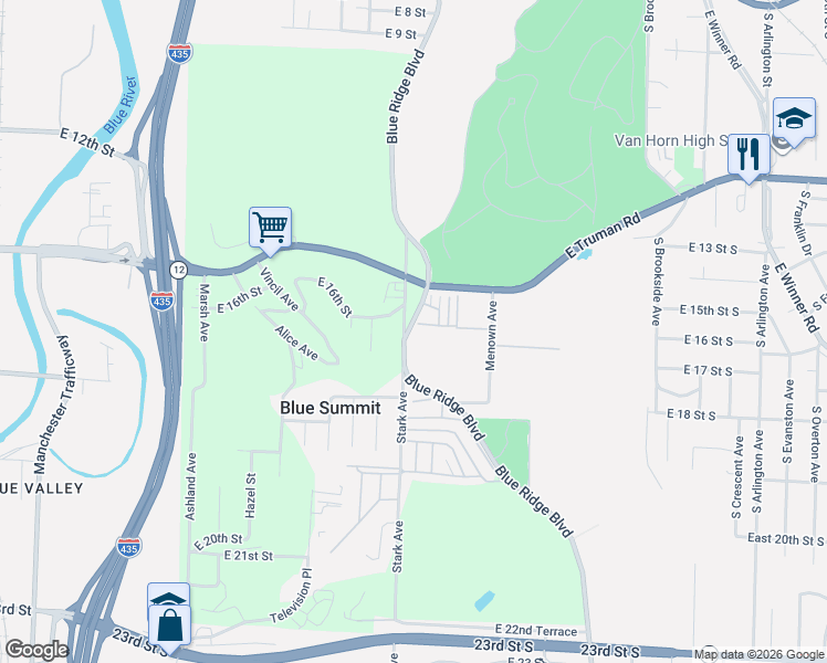 map of restaurants, bars, coffee shops, grocery stores, and more near 1601 Blue Ridge Boulevard in Independence