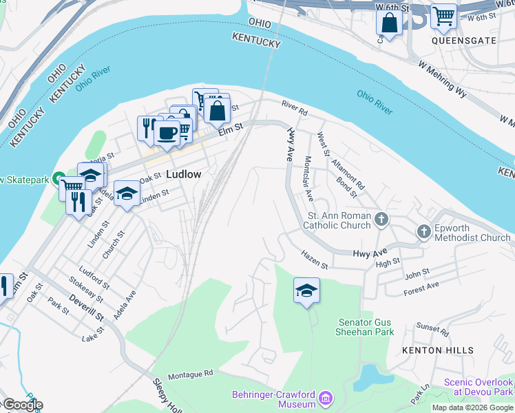map of restaurants, bars, coffee shops, grocery stores, and more near 331 Hazen St in Ludlow