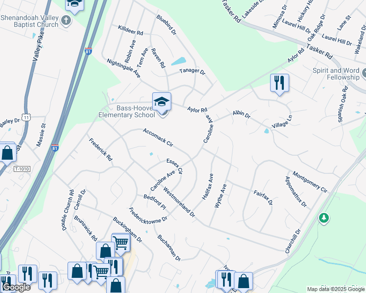 map of restaurants, bars, coffee shops, grocery stores, and more near 106 Accomack Circle in Stephens City