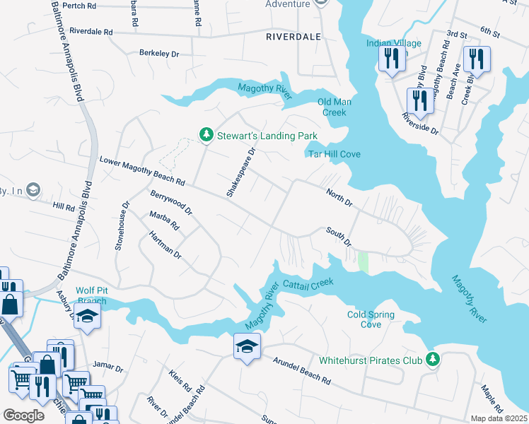 map of restaurants, bars, coffee shops, grocery stores, and more near 280 Lower Magothy Beach Road in Severna Park