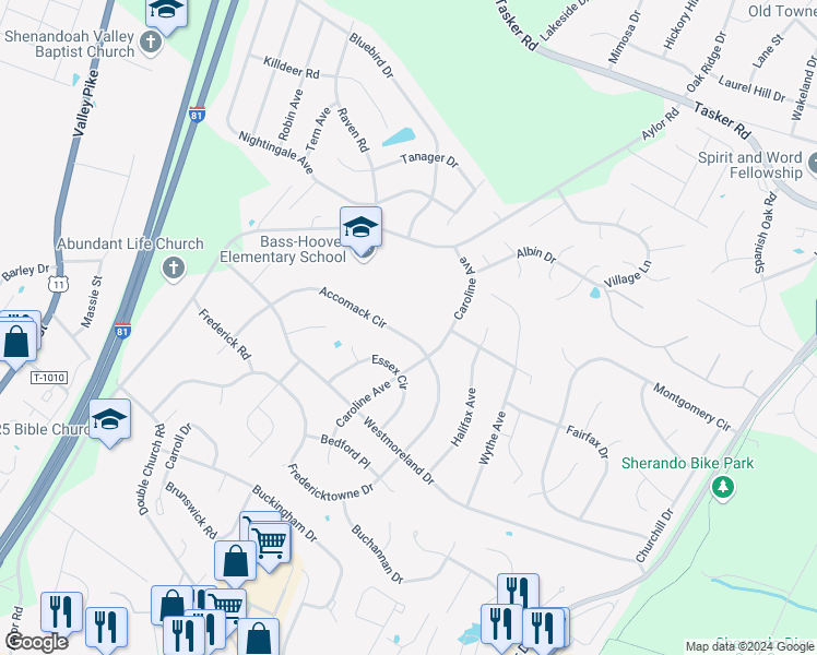map of restaurants, bars, coffee shops, grocery stores, and more near 106 Accomack Circle in Stephens City